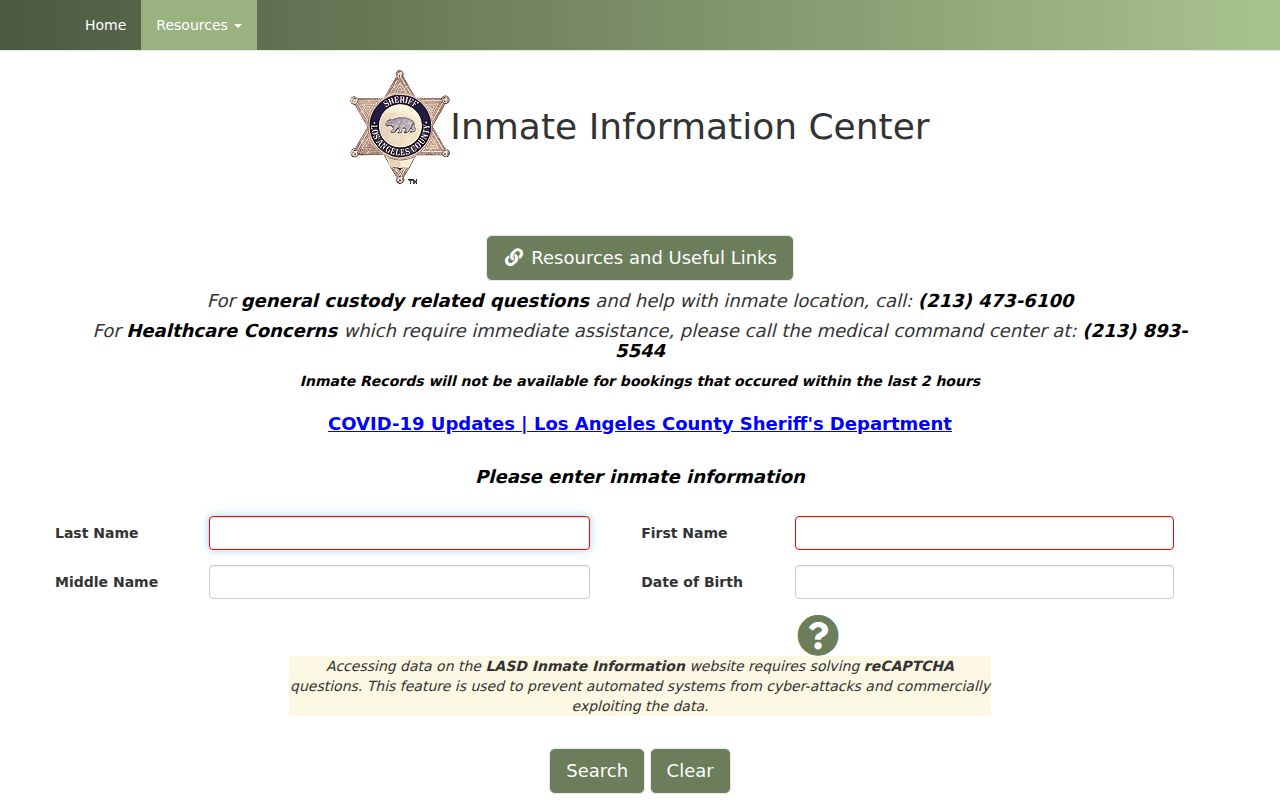 La Cañada Flintridge public records search fields in the LASD Inmate Locator